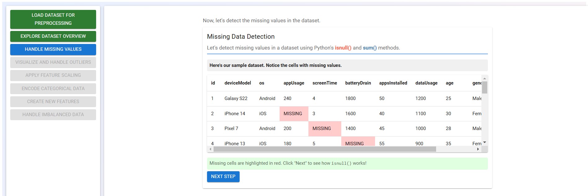 Detect missing data
