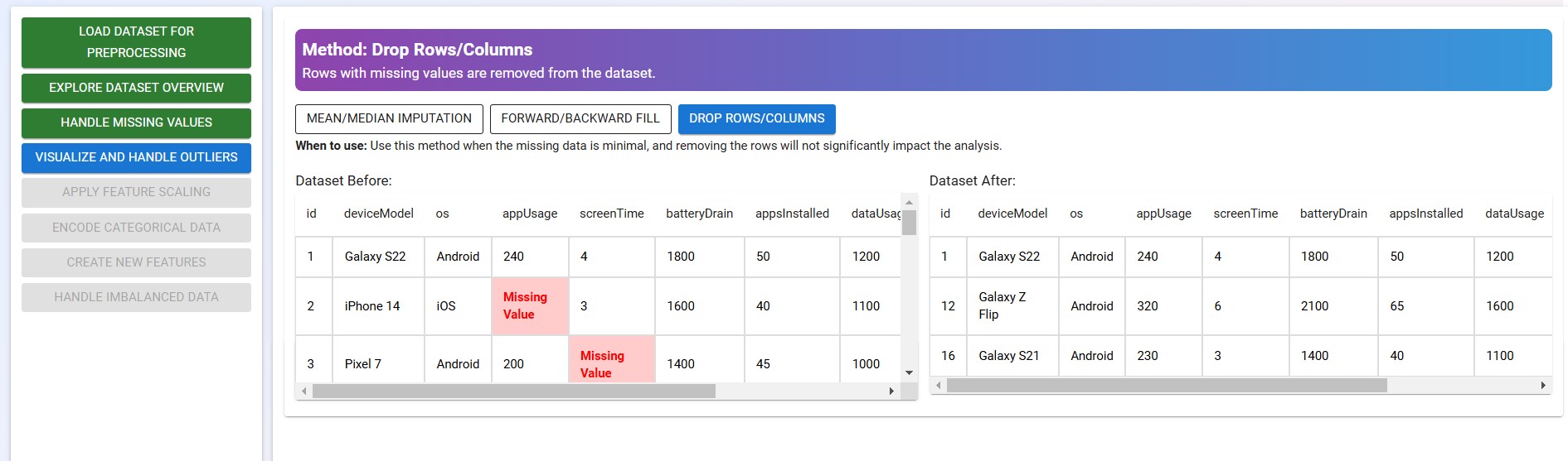 Remove rows/columns demo