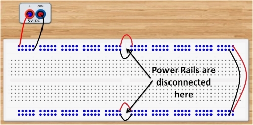 Breadboard showing connections of power rails